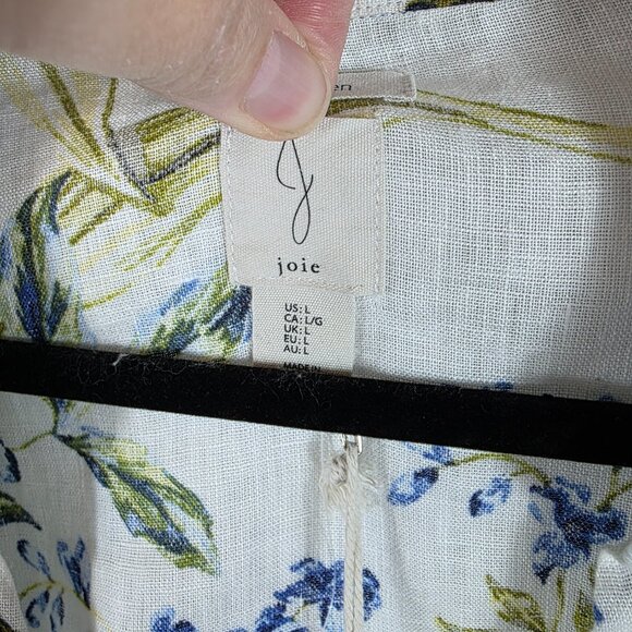 Joie Long Sleeve Linen Wrap Blouse Women's Size Large Ivory, Blue, Yellow Floral - Picture 9 of 12